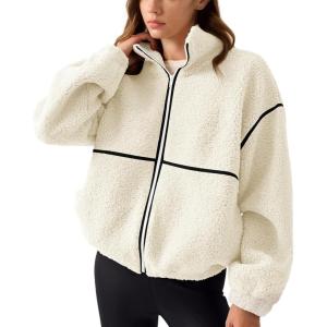 imageLASLULU Womens Fuzzy Sherpa Fleece Jacket Zip Up Oversized Sweatshirts Long Sleeve Winter Clothes Warm SweaterOffwhite