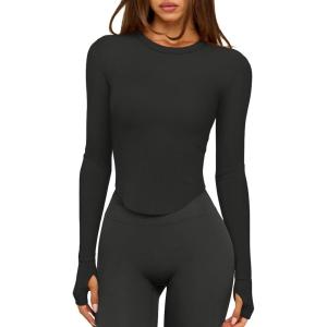 imageLASLULU Womens Long Sleeve Workout Tops Crop Tops Crew Neck Ribbed Slim Fitted Breathable Running Yoga Going Out TShirtsBlack