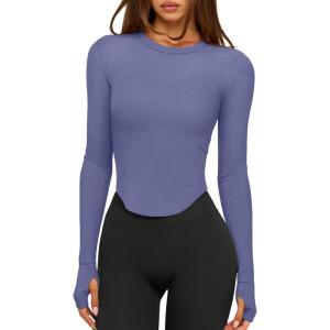 imageLASLULU Womens Long Sleeve Workout Tops Crop Tops Crew Neck Ribbed Slim Fitted Breathable Running Yoga Going Out TShirtsBlue Nova