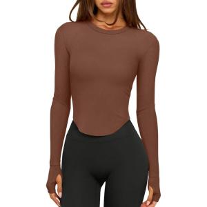 imageLASLULU Womens Long Sleeve Workout Tops Crop Tops Crew Neck Ribbed Slim Fitted Breathable Running Yoga Going Out TShirtsCoffee