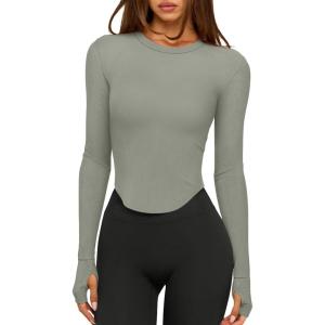 imageLASLULU Womens Long Sleeve Workout Tops Crop Tops Crew Neck Ribbed Slim Fitted Breathable Running Yoga Going Out TShirtsGrey Green