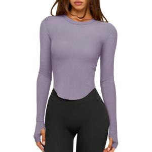 imageLASLULU Womens Long Sleeve Workout Tops Crop Tops Crew Neck Ribbed Slim Fitted Breathable Running Yoga Going Out TShirtsHazy Lilac