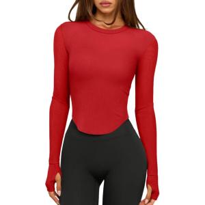 imageLASLULU Womens Long Sleeve Workout Tops Crop Tops Crew Neck Ribbed Slim Fitted Breathable Running Yoga Going Out TShirtsRed