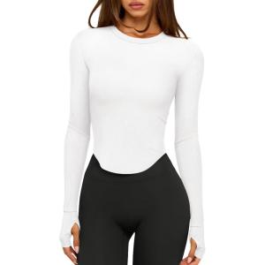 imageLASLULU Womens Long Sleeve Workout Tops Crop Tops Crew Neck Ribbed Slim Fitted Breathable Running Yoga Going Out TShirtsWhite