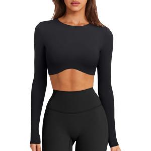 imageLASLULU Womens Sexy Double Lined Long Sleeve Shirts Crewneck Workout Tops Athletic Yoga Shirts Going Out Crop TopsBlack