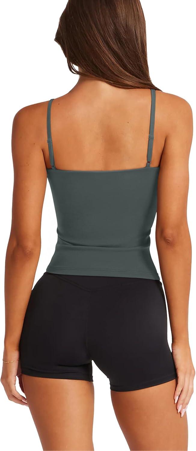 imageLASLULU Sports Bras for Women Square Neck Padded Adjustable Spaghetti Strap Backless Sleeveless Workout Long Tank TopsForest Green