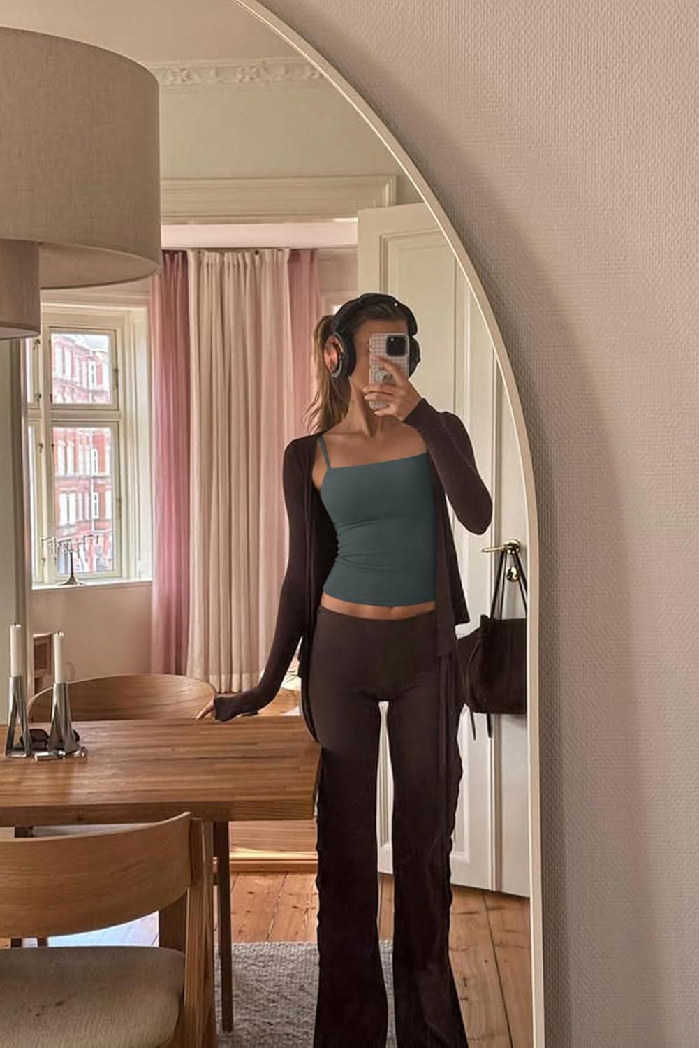 imageLASLULU Sports Bras for Women Square Neck Padded Adjustable Spaghetti Strap Backless Sleeveless Workout Long Tank TopsForest Green