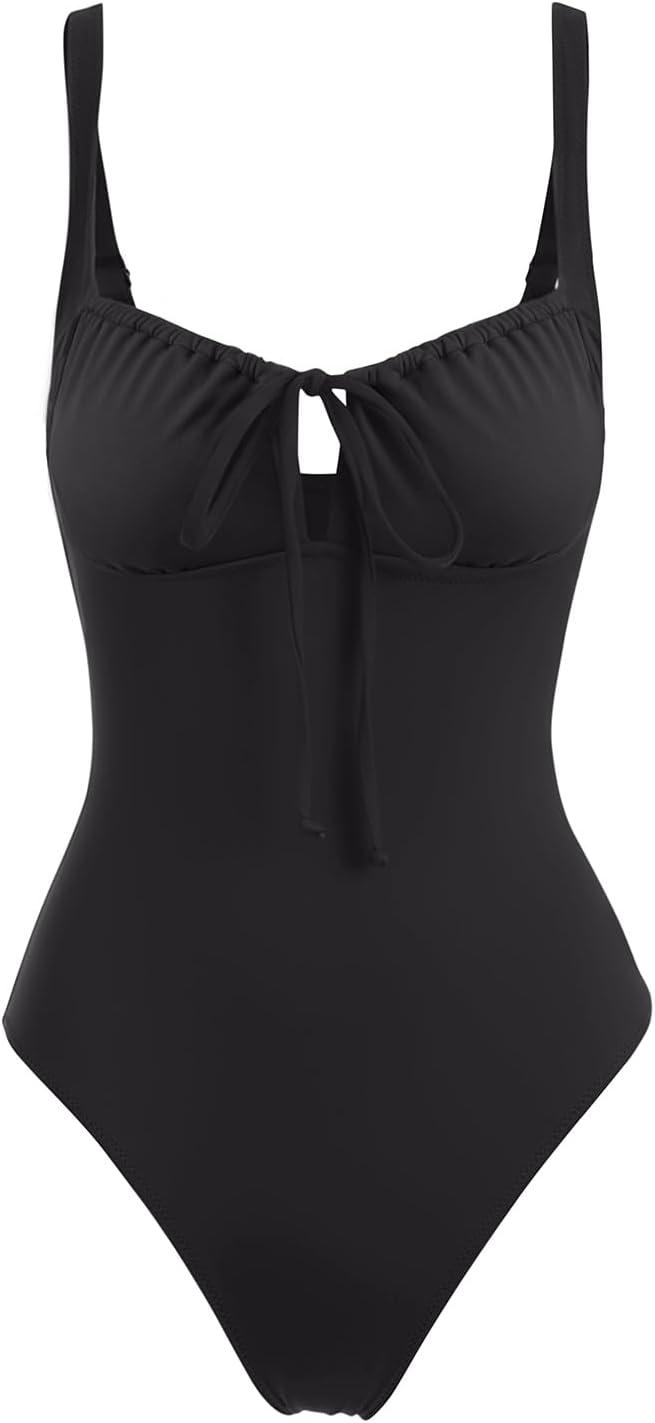 imageLASLULU Women One Piece Swimsuit Cutout Tie Tummy Control Bathing Suit Adjustable Straps Sweetheart Neck Swim Suits SXLBlack
