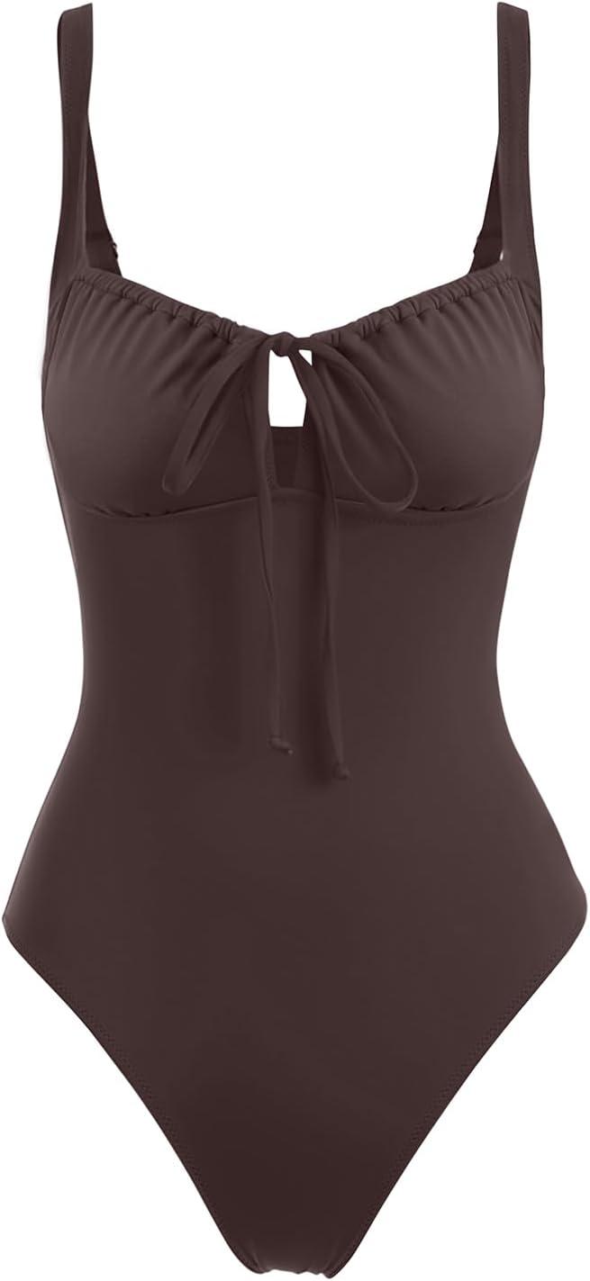 imageLASLULU Women One Piece Swimsuit Cutout Tie Tummy Control Bathing Suit Adjustable Straps Sweetheart Neck Swim Suits SXLCoffee Brown