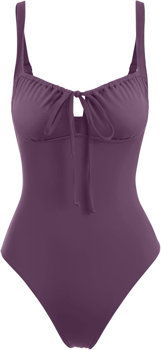 imageLASLULU Women One Piece Swimsuit Cutout Tie Tummy Control Bathing Suit Adjustable Straps Sweetheart Neck Swim Suits SXLPurple