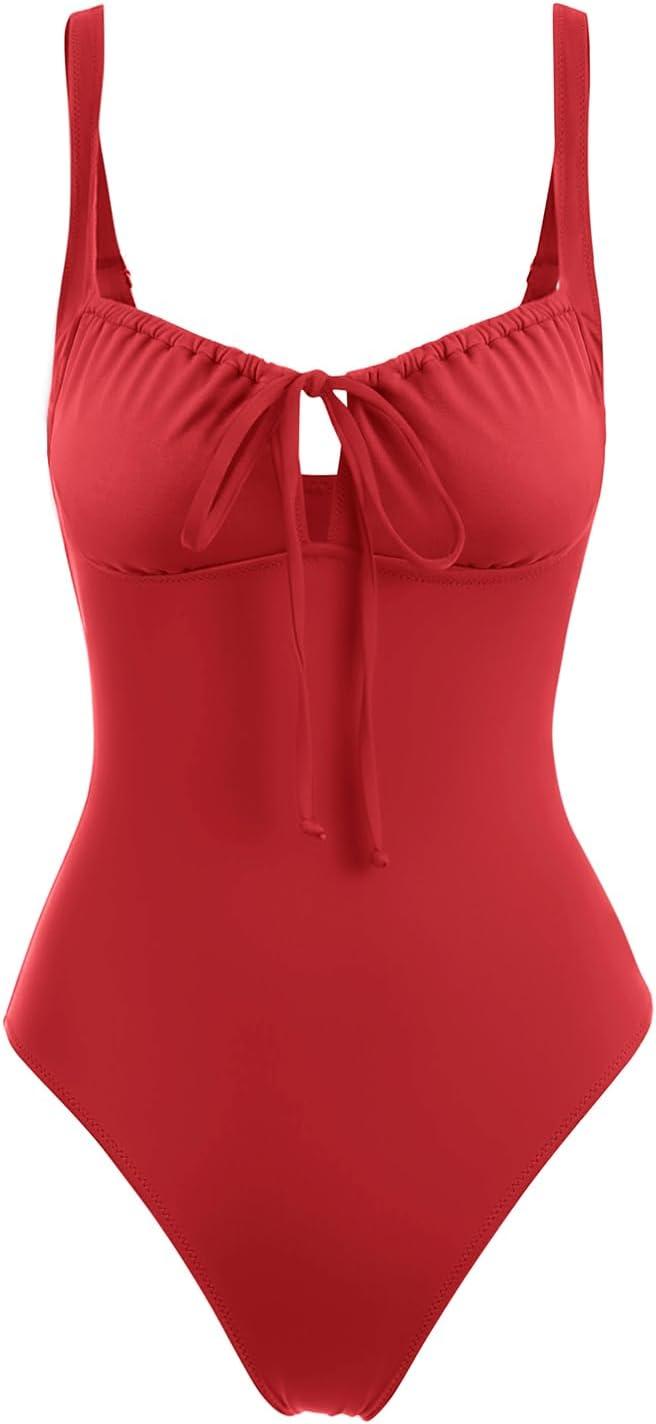 imageLASLULU Women One Piece Swimsuit Cutout Tie Tummy Control Bathing Suit Adjustable Straps Sweetheart Neck Swim Suits SXLRed