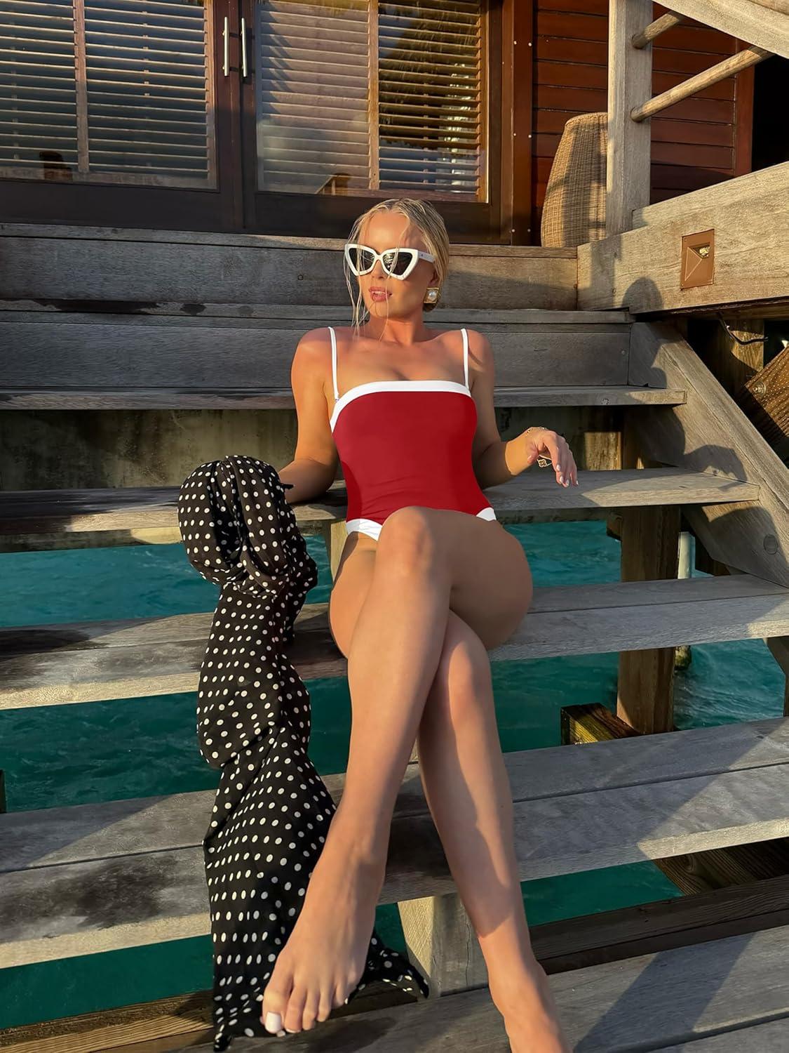 imageLASLULU Womens Sexy One Piece Swimsuit Strapless Padded Square Neck Bandeau Bathing Suits with Adjustable Spaghetti StrapsRed