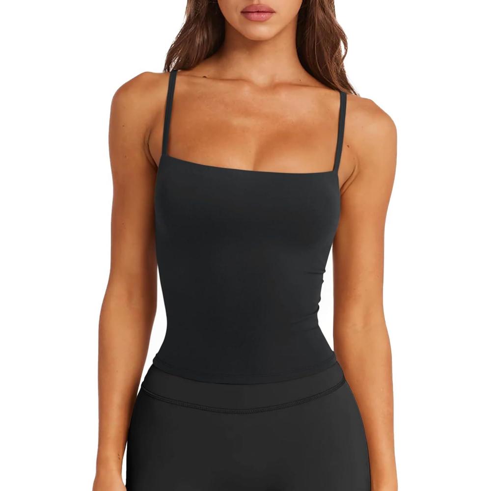 imageLASLULU Sports Bras for Women Square Neck Padded Adjustable Spaghetti Strap Backless Sleeveless Workout Long Tank TopsBlack