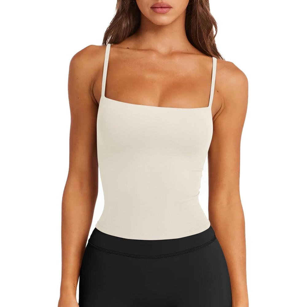 imageLASLULU Sports Bras for Women Square Neck Padded Adjustable Spaghetti Strap Backless Sleeveless Workout Long Tank TopsChampagne