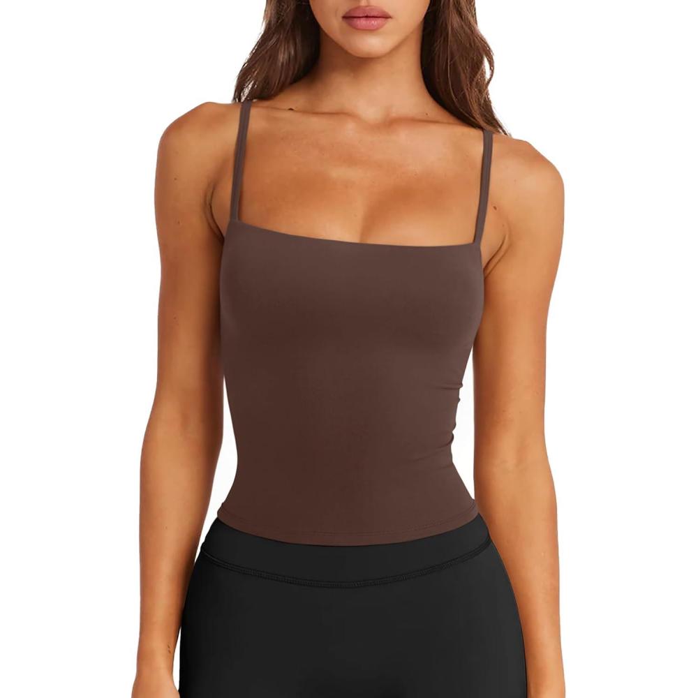 imageLASLULU Sports Bras for Women Square Neck Padded Adjustable Spaghetti Strap Backless Sleeveless Workout Long Tank TopsEspresso