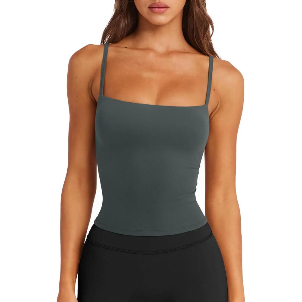 imageLASLULU Sports Bras for Women Square Neck Padded Adjustable Spaghetti Strap Backless Sleeveless Workout Long Tank TopsForest Green