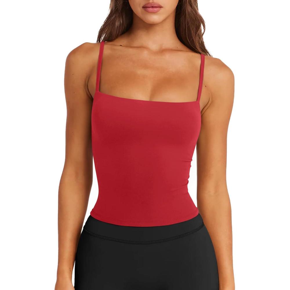 imageLASLULU Sports Bras for Women Square Neck Padded Adjustable Spaghetti Strap Backless Sleeveless Workout Long Tank TopsRed