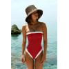 imageLASLULU Womens Sexy One Piece Swimsuit Strapless Padded Square Neck Bandeau Bathing Suits with Adjustable Spaghetti StrapsRed