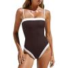imageLASLULU Womens Sexy One Piece Swimsuit Strapless Padded Square Neck Bandeau Bathing Suits with Adjustable Spaghetti StrapsCoffee