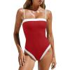 imageLASLULU Womens Sexy One Piece Swimsuit Strapless Padded Square Neck Bandeau Bathing Suits with Adjustable Spaghetti StrapsRed