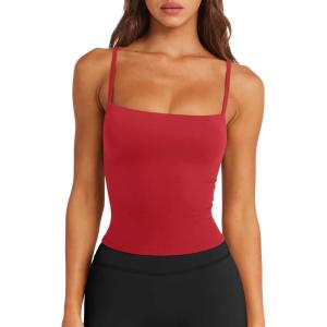 imageLASLULU Sports Bras for Women Square Neck Padded Adjustable Spaghetti Strap Backless Sleeveless Workout Long Tank TopsRed
