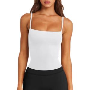 imageLASLULU Sports Bras for Women Square Neck Padded Adjustable Spaghetti Strap Backless Sleeveless Workout Long Tank TopsWhite