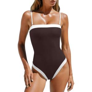 imageLASLULU Womens Sexy One Piece Swimsuit Strapless Padded Square Neck Bandeau Bathing Suits with Adjustable Spaghetti StrapsCoffee