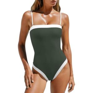 imageLASLULU Womens Sexy One Piece Swimsuit Strapless Padded Square Neck Bandeau Bathing Suits with Adjustable Spaghetti StrapsForest Green