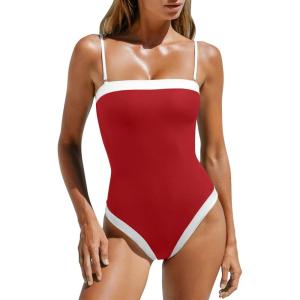 imageLASLULU Womens Sexy One Piece Swimsuit Strapless Padded Square Neck Bandeau Bathing Suits with Adjustable Spaghetti StrapsRed