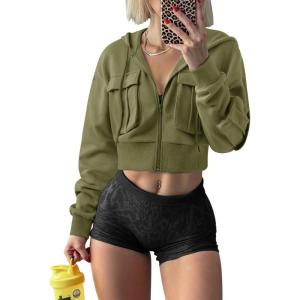 imageLASLULU Womens Zip Up Hoodies Sweatshirts Fleece Cropped Hooded Sweatshirts Zip Jackets 2025 Fashion Trendy Fall OutfitsArmy Green