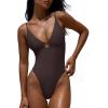 imageLASLULU Womens Sexy One Piece Swimsuits V Neck Padded Bathing Suit Modest Front Cutout Open Back Slimming SwimsuitCoffee