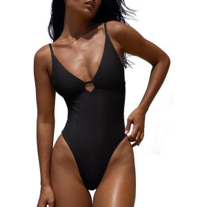 imageLASLULU Womens Sexy One Piece Swimsuits V Neck Padded Bathing Suit Modest Front Cutout Open Back Slimming SwimsuitBlack