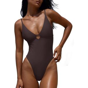 imageLASLULU Womens Sexy One Piece Swimsuits V Neck Padded Bathing Suit Modest Front Cutout Open Back Slimming SwimsuitCoffee