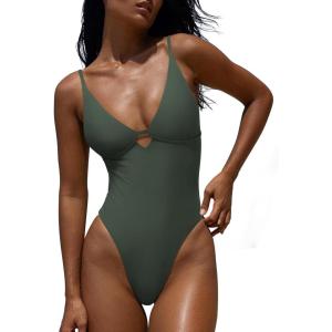 imageLASLULU Womens Sexy One Piece Swimsuits V Neck Padded Bathing Suit Modest Front Cutout Open Back Slimming SwimsuitForest Green
