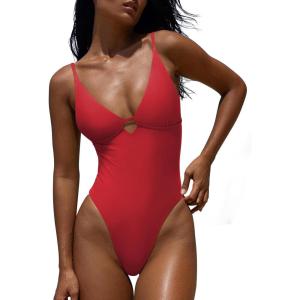imageLASLULU Womens Sexy One Piece Swimsuits V Neck Padded Bathing Suit Modest Front Cutout Open Back Slimming SwimsuitRed