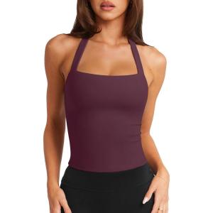 imageLASLULU Womens Sexy Halter Sports Bra Workout Tops Wirefree Sleeveless Gym Yoga Tank Tops Y2k Casual CropBurgundy