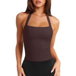 imageLASLULU Womens Sexy Halter Sports Bra Workout Tops Wirefree Sleeveless Gym Yoga Tank Tops Y2k Casual CropCoffee