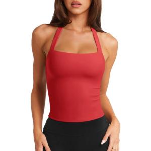 imageLASLULU Womens Sexy Halter Sports Bra Workout Tops Wirefree Sleeveless Gym Yoga Tank Tops Y2k Casual CropRed