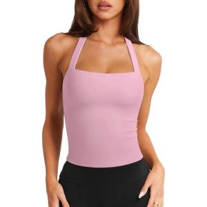 imageLASLULU Womens Sexy Halter Sports Bra Workout Tops Wirefree Sleeveless Gym Yoga Tank Tops Y2k Casual CropStrawberry Milkshake