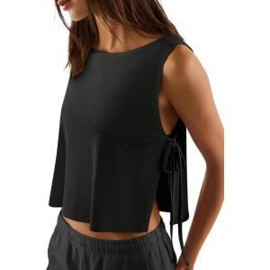 image:imageLASLULU Womens Sleeveless Workout Tank Tops Side Tie Sports Gym Running Yoga Exercise Athletic Shirts Cropped Tank TopBlack