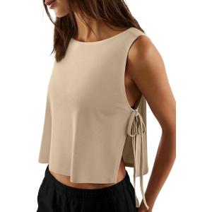 image:imageLASLULU Womens Sleeveless Workout Tank Tops Side Tie Sports Gym Running Yoga Exercise Athletic Shirts Cropped Tank TopKhaki