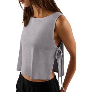 image:imageLASLULU Womens Sleeveless Workout Tank Tops Side Tie Sports Gym Running Yoga Exercise Athletic Shirts Cropped Tank TopLight Grey