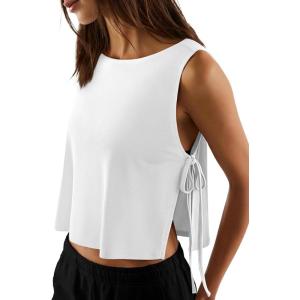 image:imageLASLULU Womens Sleeveless Workout Tank Tops Side Tie Sports Gym Running Yoga Exercise Athletic Shirts Cropped Tank TopWhite