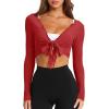 image:imageLASLULU Womens Tie Front Wrap Tops Long Sleeve Bolero Shrugs Crop Cardigan Yoga Ballet Cover up Tops Pilates OutfitsRed