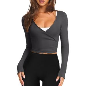 image:imageLASLULU Womens Tie Front Wrap Tops Long Sleeve Bolero Shrugs Crop Cardigan Yoga Ballet Cover up Tops Pilates OutfitsDark Grey