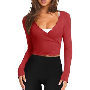 image:imageLASLULU Womens Tie Front Wrap Tops Long Sleeve Bolero Shrugs Crop Cardigan Yoga Ballet Cover up Tops Pilates OutfitsRed