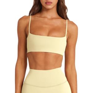 image:imageLASLULU Womens Adjustable Spaghetti Straps Sports Bra Square Neck Wireless Padded Workout Yoga Crop TopsButter Yellow