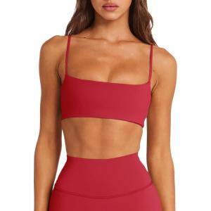 image:imageLASLULU Womens Adjustable Spaghetti Straps Sports Bra Square Neck Wireless Padded Workout Yoga Crop TopsRed