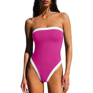 image:imageLASLULU Womens Sexy One Piece Swimsuit Strapless Padded Square Neck Bandeau Bathing Suits with Adjustable Spaghetti StrapsRose Red