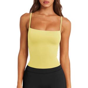 image:imageLASLULU Sports Bras for Women Square Neck Padded Adjustable Spaghetti Strap Backless Sleeveless Workout Long Tank TopsLemon Yellow